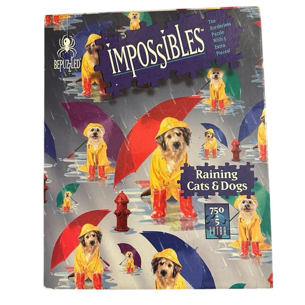 Vtg Bepuzzled Impossibles 750 Pc Jigsaw Puzzle Raining Cats Dogs Borderless